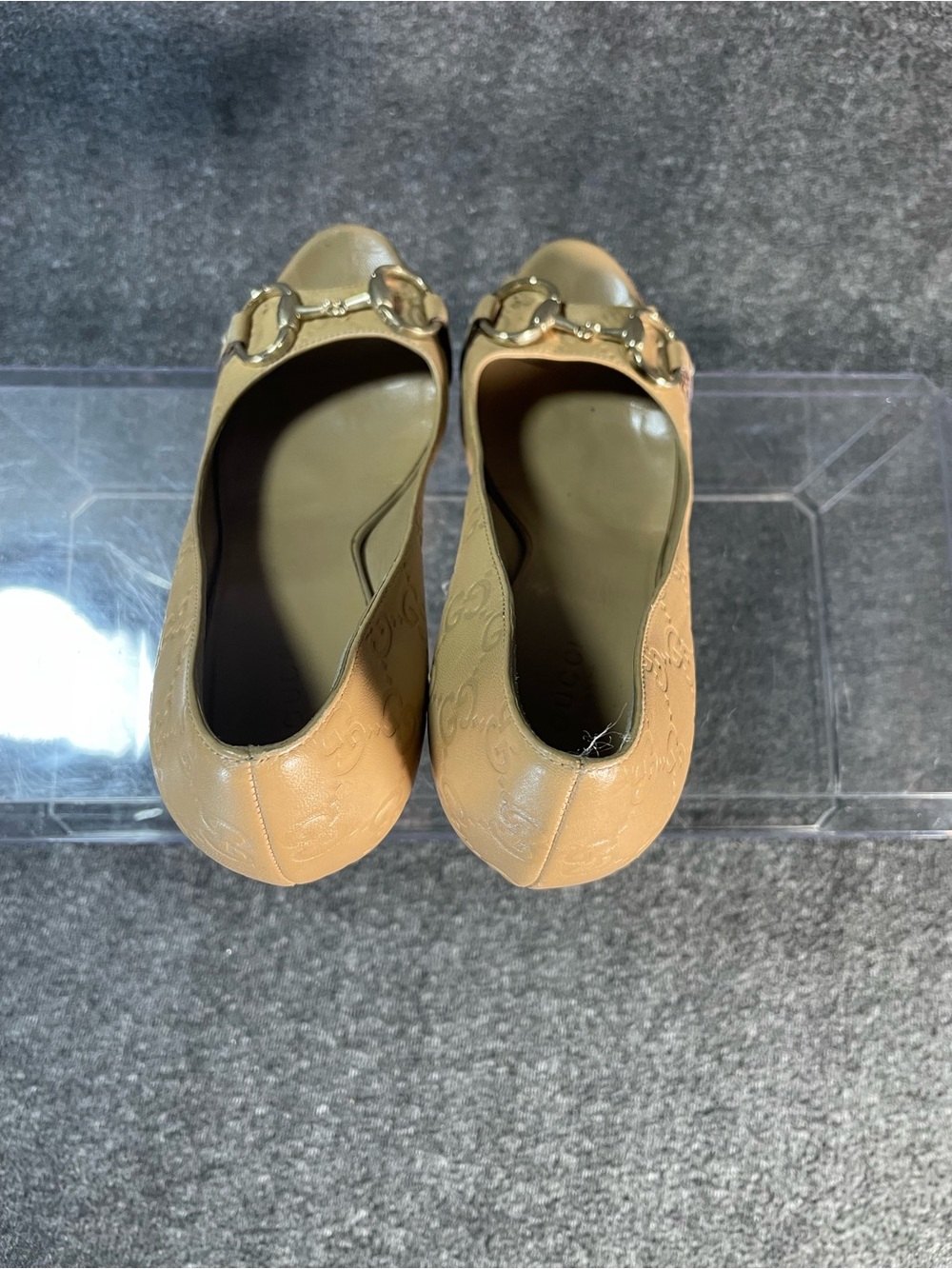 Gucci Guccisimma Horsebit Open Toe Light Sand Leather Heels Size 7 Monogram - Picture 12 of 16